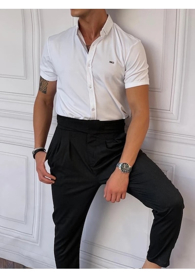 Modefendi Slimfit Merserize Pamuk Kısa Kollu Gömlek Beyaz