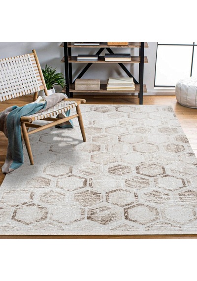 Bespoky Argilla Geometrik Modern Salon Halısı Makine Dokuma Krem