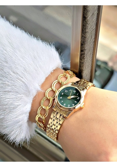 Minimal Classic Rakamlı Lüks Şık Tasarım Metal Kordon Kadın Kol Saati-bileklik Hediyeli Haki