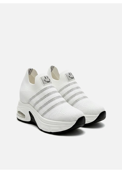 Voyager Taşlı Triko Kalın Dolgu Taban Kadın Sneaker Ayakkabı B278 Beyaz