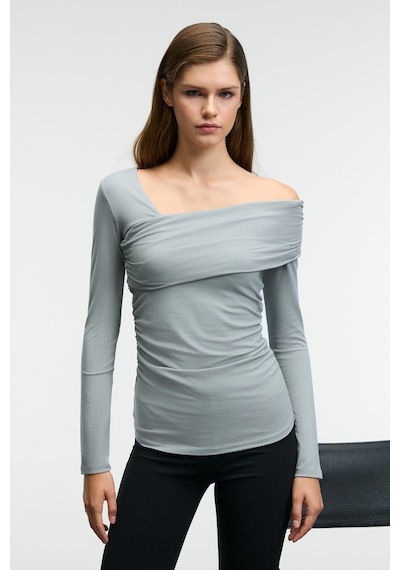 Grımelange VELMEA Kadın Asimetrik Yaka Omuz Detaylı Slim Fit Açık Gri Bluz