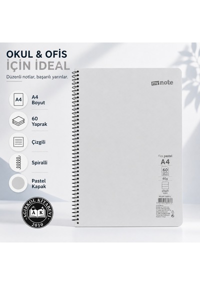 My Note Flex Pastel A4 60 Yaprak 60 Gr Spiralli Çizgili Defter Gri