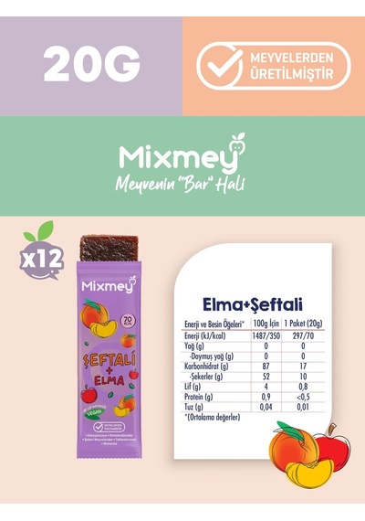 Mixmey Şeftali Erik Karma Meyve Barı 24 Adet | Atıştırmalıklar – Vegan, Glutensiz (20GR X 24 ADET)