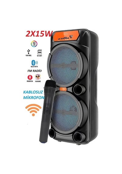 Kablosuz Mikrofonlu Büyük Boy Şarjlı Hoparlör Taşinabilir Bluetooth Speaker Siyah