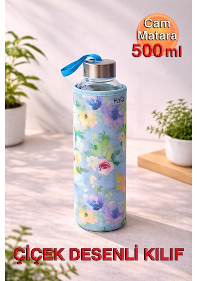 Çiçek Desenli Kılıflı Cam Matara 500 ml - Spor, Okul, Ofis ve Günlük Kullanım İçin Estetik Tasarımlı Su Şişesi