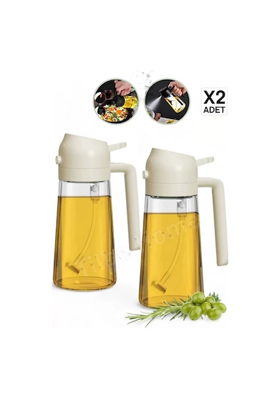 2'li Bambu Stantlı Çift Fonksiyonlu Sprey Dökme Cam Yağdanlık 450ml Yağlık Sıvıyağ Şişesi Airfryer Beyaz
