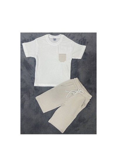 Erdem Kıds Erkek Çocuk Basic T-shirt Şort Çizgili Kaprili Yazlık 2'li Takım Bej Bej