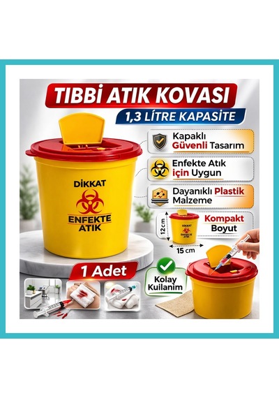 Bezos Atık Kovası 1,3 Litre 1 Adet Kapaklı Atık Kutusu Enfekte Atık Kovası Dfnbez