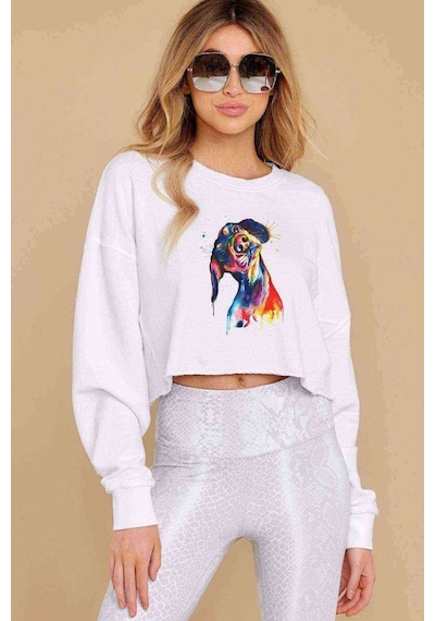 Watercolor Puppy Baskılı Crop Kadın Beyaz Sweatshirt