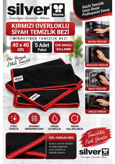 Silver Home Kırmızı Overloklu Siyah Temizlik Bezi 40x40 Cm 5 Adet Diğer