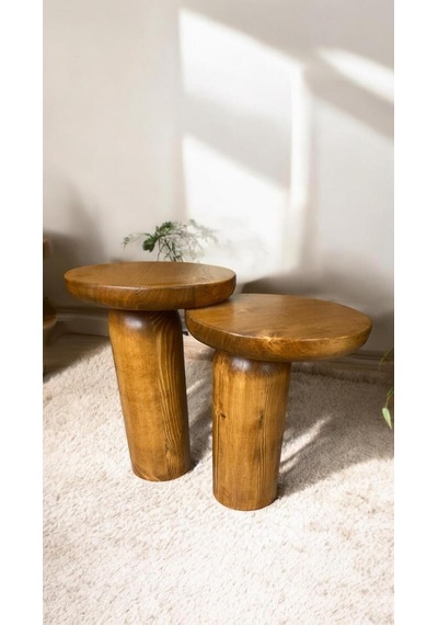 Wood Ahşap 2 Li Set Mantar Tik Ağacı Renk Yan Sehpa Modern Fiskos / Çiçeklik / Zigon Ceviz