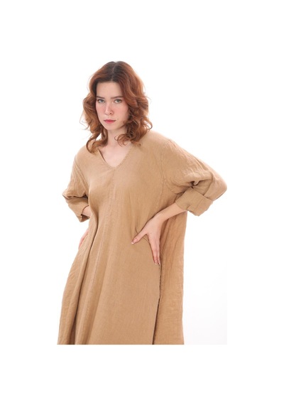 Bohem Stil İtalyan V Yaka Uzun Kol Keten Elbise-8907 Camel