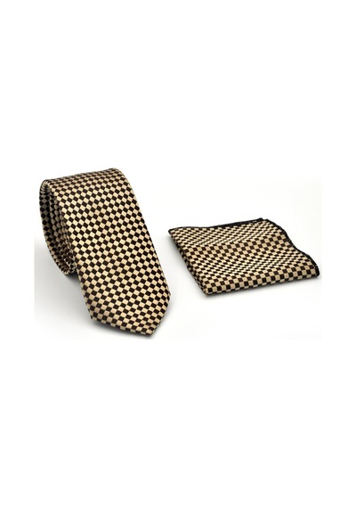 Gaffy Kahverengi Piti Kare Desenli Bej Dokuma Kumaş Mendilli Slim Fit Kravat // Sdk-2503-5 Bej