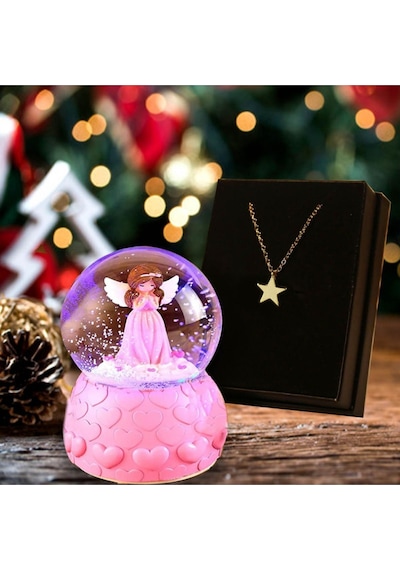 Arkadaşa Hediye Yıldız Kolye & Pembe Mini Işıklı Peri Kar Küresi