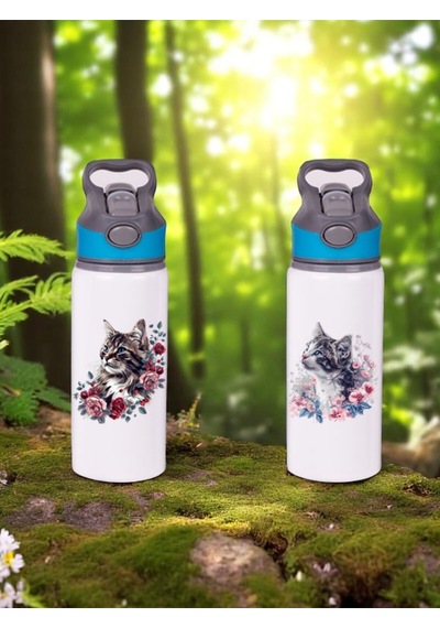 Çiçekli Kedi Baskılı 2'li Pipetli Matara Suluk 650 Ml Beyaz