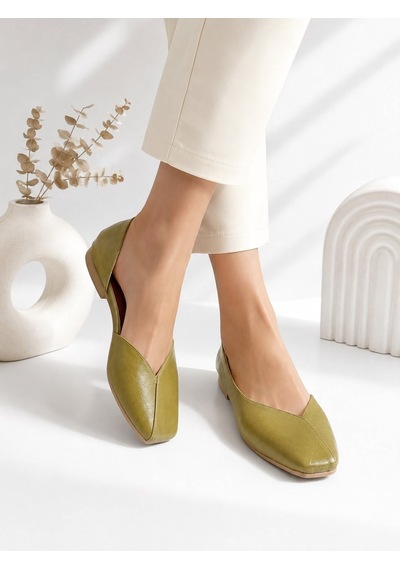 Dabab Shoes Dante Kadın Yağ Yeşili Kırışık Rugan Kare Burun Düz Taban Günlük Casual Babet Ayakkabı Yeşil