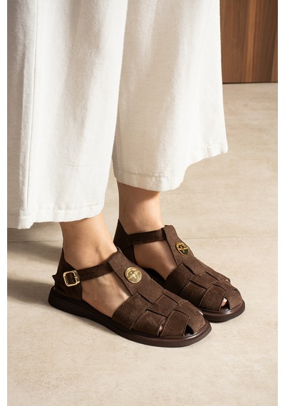 Duxal Shoes Frank Kadın Süet Kafes Sandalet - Yumuşak Tabanlı Tokalı Sandalet Acıkahve