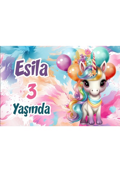 Balonlar Ve Unicorn Temalı Doğum Günü Afişi 35x50 Cm