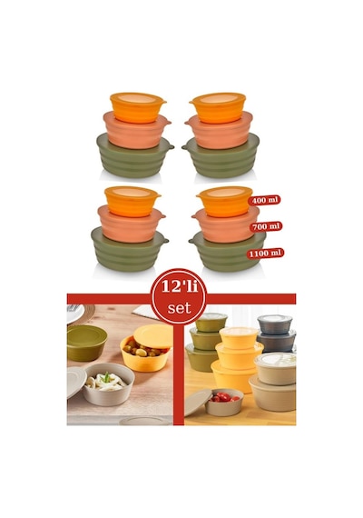 Flosoft Kapaklı Erzak Saklama Kabı, Kase Çerezlik Kahvaltılık 3 Boy 12 Li Set 4x 400ml,700ml,1100ml 12 Adet Çok Renkli
