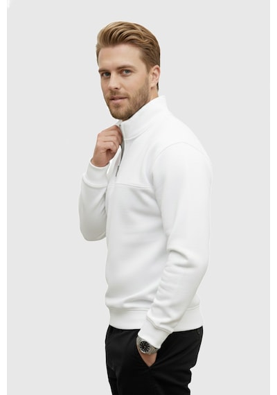 Rizzup Erkek Beyaz Relax Fit İçi Polarlı %100 Pamuk Yarım Fermuarlı Dik Yaka Sweatshirt 2600760