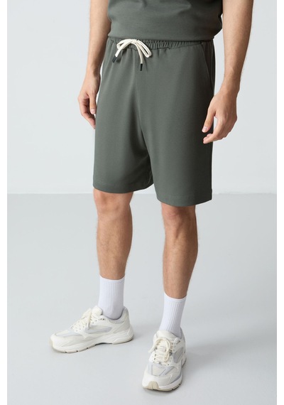 Haki Pamuklu Kalın Yumuşak Dokulu Oversize Fit Basic Erkek Şort Takım - 85257