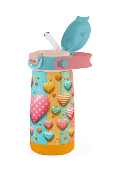 Puccon 420 Ml Kız Çocuklar İçin Paslanmaz Çelik Okul Matarası - 60014 - Kalp Desenli - Pastel Renkli Turkuaz - Pembe