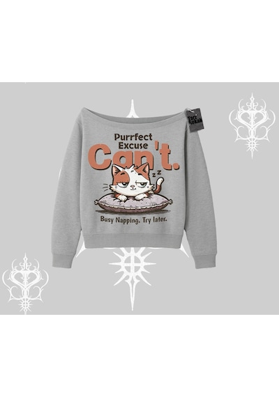 Startmore Kedi Baskılı Cant Busy Napping Y2k Kayık Yaka Sweatshirt Gri