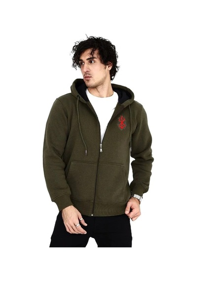 Luz&pos Erkek Baskılı Tam Fermuarlı Kapşonlu Sweatshirt - Haki Haki