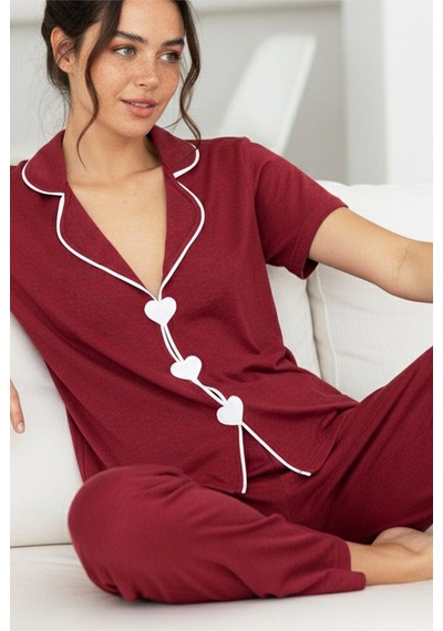 Siyah İnci Biye Detaylı Örme Pijama Takım7891 Bordo