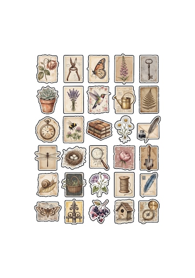 30 Adet Vintage Botanik Bahçe Sticker Seti - Ajanda Defter Scrapbook Çok Renkli