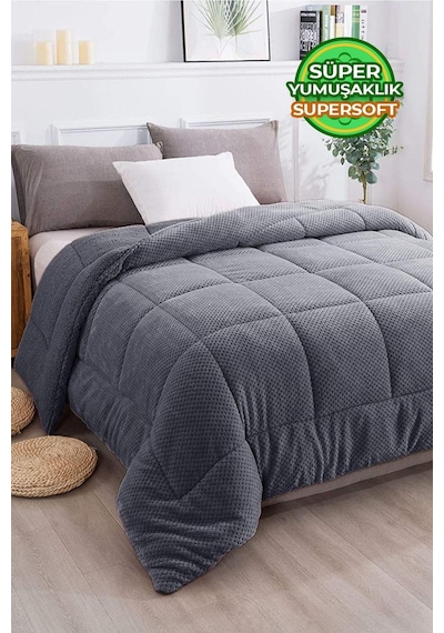 Ultra Yumuşak Çift Taraflı Wellsoft Peluş Yorgan Çift Kişilik Yıkanabilir 200x220 Cm Antrasit Antrasit