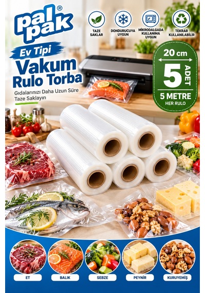 Ev Tipi Vakum Rulo En:20 Cm Boy:5 Metre 5 Adet Beyaz