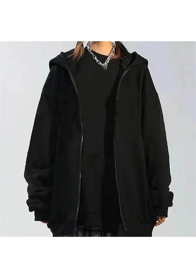 Basic Düz Hırka - Siyah Oversize Kapüşonlu Siyah