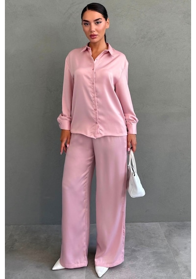 Madmext Pembe Saten Gömlek Pantolon Takım Mg2745