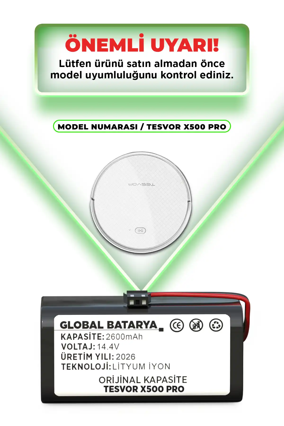 Tesvor X500 Pro Akıllı Robot Süpürge Bataryası 14.4v 2600mah Pil  Kapasite