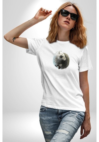 Yin İle Yang Beyaz Siyah Kurt Unisex Unisex Beyaz Organik Baskılı T-shirt Penye Yüksek Kalite Beyaz