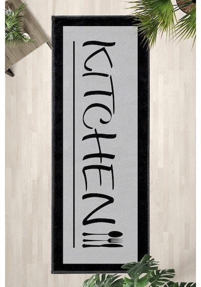 Kitchen Acık Gri Siyah Kenar Siyah Yıkanabilir Mutfak Halısı Gri - Siyah