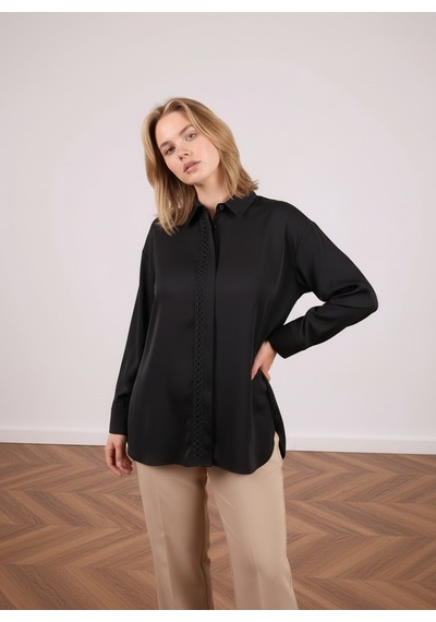 Pera Moda Büyük Beden İç Göstermeyen Uzun Oversize Önü Nakışlı Şık Gömlek Siyah