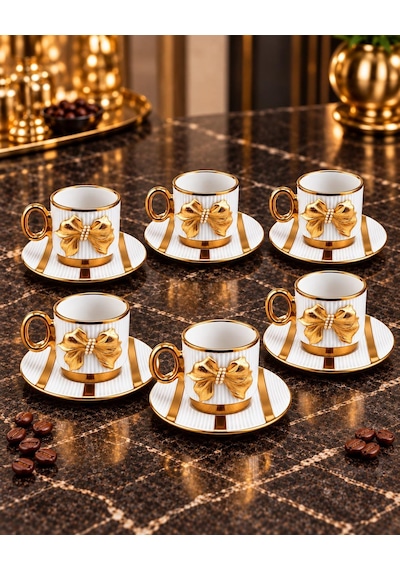 Valkyrie Petek Serisi 6 Kişilik 12 Parça Beyaz Gold Detaylı Türk Kahvesi Fincan Seti Porselen 90ml Beyaz Altın