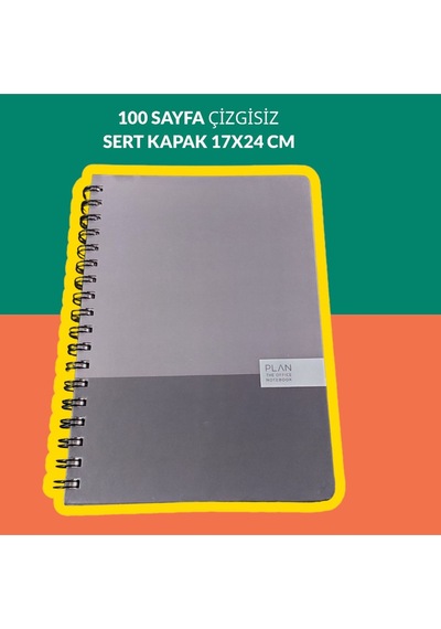 17x24 Cm Çizgisiz 100 Yaprak Plan Sert Kapak Telli Defter 60 Gr Beyaz Sayfa Gri