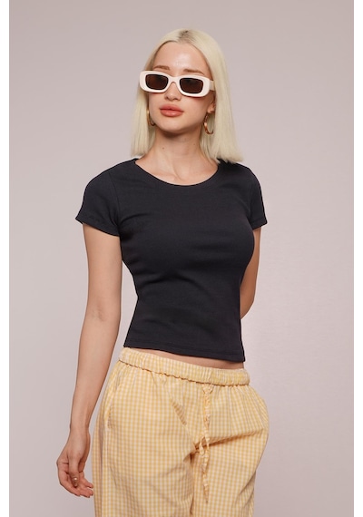 Lacivert Geniş Yaka Fittili Basic Kadın T-shirt Mg2293 Lacivert