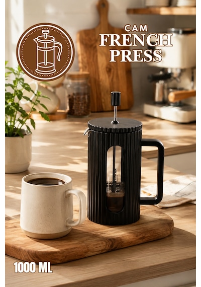 Porsima Smartpan Bv093 French Press Paslanmaz Çelik Süzgeçli Cam Bitki Çayı Demliği Kahve Presi - 1000 Ml Siyah