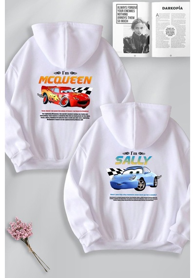 Macklin Sevgili Çift Kombin Şimşek Mcqueen Ve Sally Yarış Sırt Baskılı Kapüşonlu Sweatshirt 2li Takım Beyaz Mck1470 Beyaz