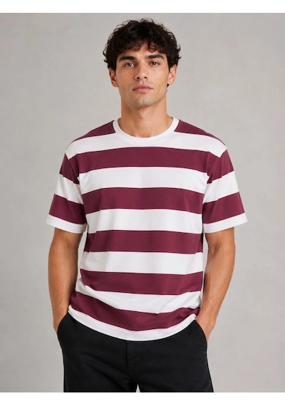 Novalisse Erkek Çizgili Oversize Tişört Bisiklet Yaka Kısa Kol Yazlık T-shirt - Bordo Çoklu Renk