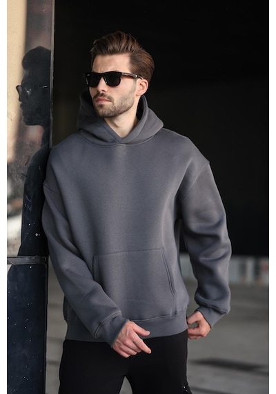 Madmext Füme Kapüşonlu Kanguru Cep Erkek Sweatshirt E7169 Füme