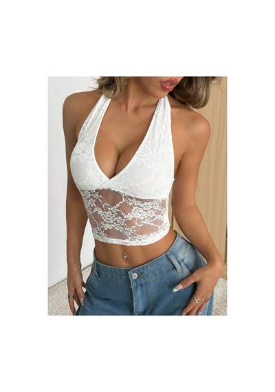 Wild Flower Dantel Detaylı Crop Atlet Halter Yaka Yazlık Şık Üst Bluz Beyaz