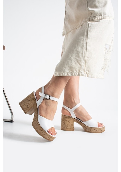 Dabab Shoes Loreva Kadın Beyaz Platform Taban 9 Cm Kalın Topuklu Bilekten Bantlı Sandalet