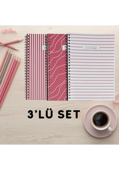 A5 Spiralli Pembeli Defter 40 Yaprak 3'lü Tamamı Çizgisiz
