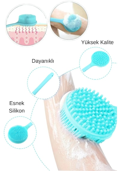 Tineke Çift Taraflı Silikon Uzun Saplı Banyo Fırçası Sırt & Vücut Temizleme, Masaj Etkili Duş Fırçası