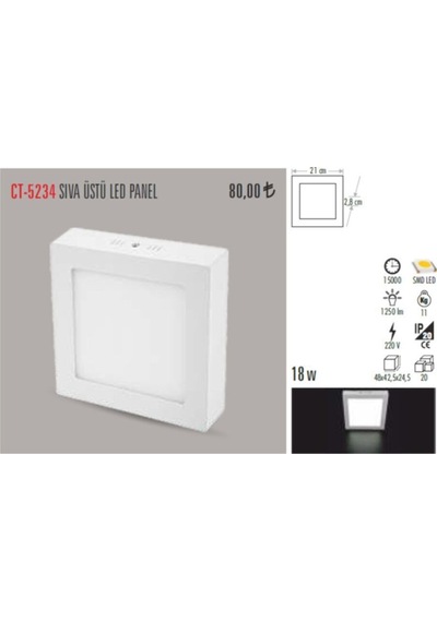 Ct-5234 18w/6400k Sıvaüstü Led Armatür Kare Beyaz Çok Renkli